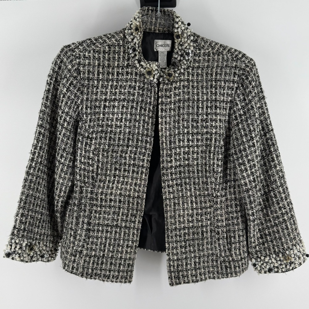 Chico's Tweed Jacket Womens 1 M(8) White Black Lined Pearls Sequin‎ Open Front